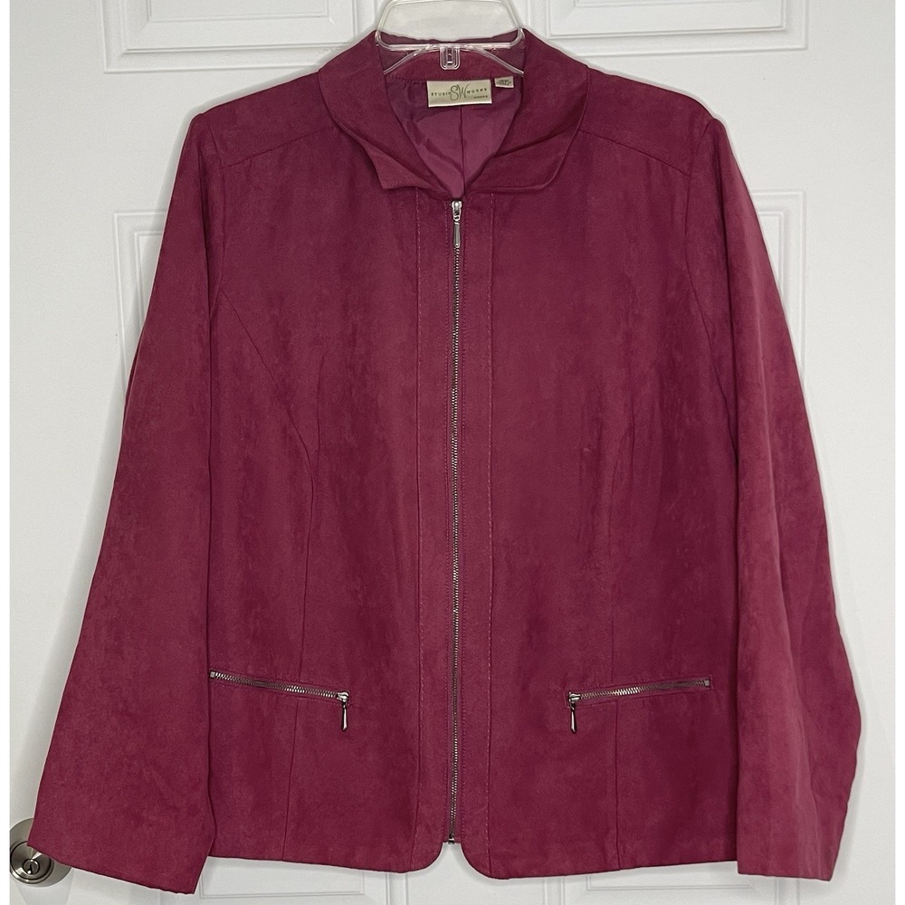 Studio Works Women's 18W Raspberry Red Faux Suede Zip Up Lightweight Jacket